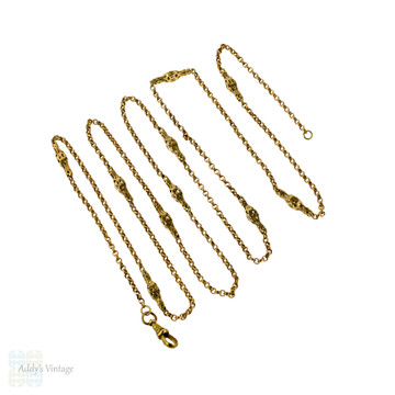 Antique Gilt Metal Guard Chain, Chunky Pierced & Belcher Link Necklace. 127 cm / 50 inches.