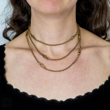 Antique Gilt Metal Guard Chain, Chunky Pierced & Belcher Link Necklace. 127 cm / 50 inches.