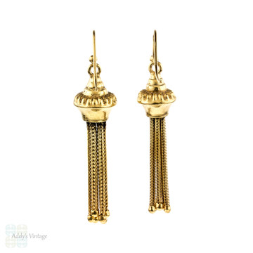 Victorian Tassel Earrings, Antique Silver Gilt Dangles on 9ct 9k Gold Wires.