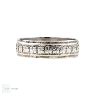 Antique 9ct Gold Wedding Ring, Engraved Wide 9k Cigar Band. Size M / 6.25.