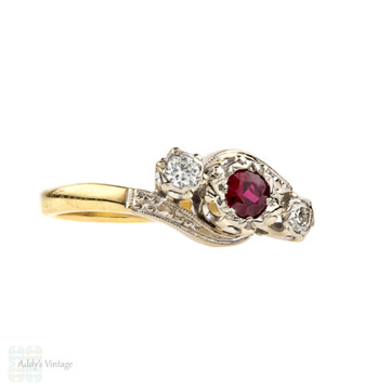 Ruby & Diamond Engagement Ring, Vintage Three Stone with Engraved Band. 18ct & Platinum.