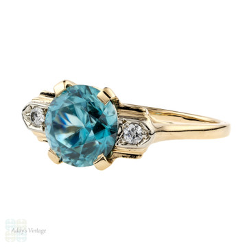 Blue Zircon Engagement Ring, Vintage Single Stone 14k Yellow & Gold 1940s Ring.