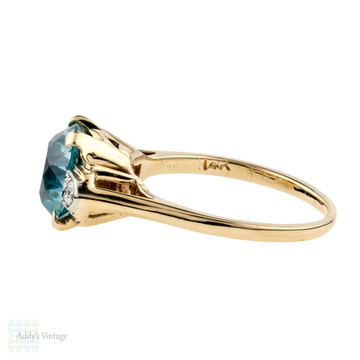 Blue Zircon Engagement Ring, Vintage Single Stone 14k Yellow & Gold 1940s Ring.