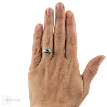 Blue Zircon Engagement Ring, Vintage Single Stone 14k Yellow & Gold 1940s Ring.