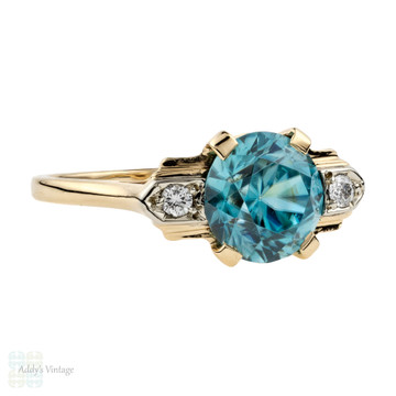 Blue Zircon Engagement Ring, Vintage Single Stone 14k Yellow & Gold 1940s Ring.