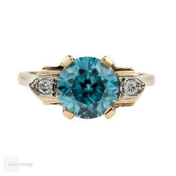 Blue Zircon Engagement Ring, Vintage Single Stone 14k Yellow & Gold 1940s Ring.