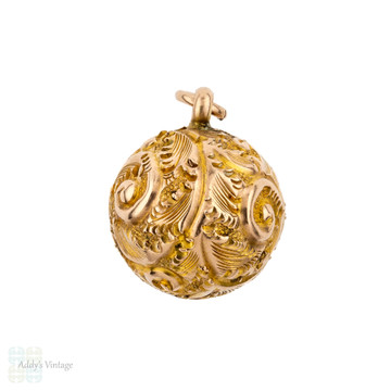 Antique Victorian 9ct Ball Charm. 9k Rose Gold Engraved Bauble Pendant.