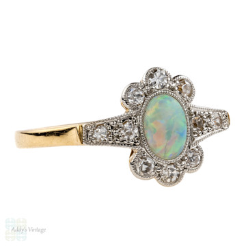 Edwardian Opal & Diamond Ring, Scalloped Edge Diamond Cluster. 18ct & Platinum.
