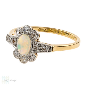 Edwardian Opal & Diamond Ring, Scalloped Edge Diamond Cluster. 18ct & Platinum.
