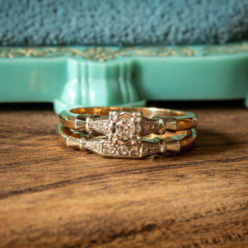 1940s Wedding & Engagement Ring Set, Vintage Two Tone 14k Gold ArtCarved Bands.