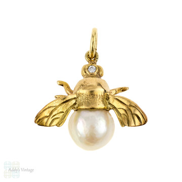Vintage Bee Pendant, 14ct 14k Cultured Pearl & Diamond Bug Necklace, 9ct Chain.
