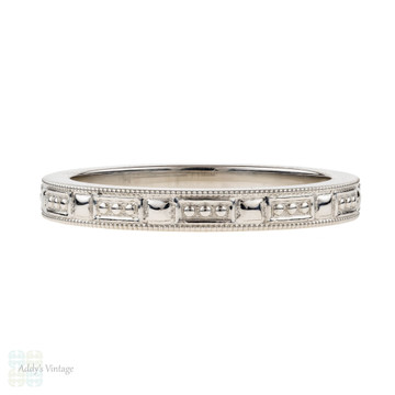 Tiffany & Co Engraved Platinum Wedding Band, Beaded Pattern Ladies Ring. Size J / 5.