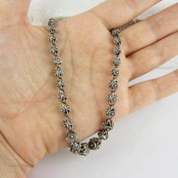 Antique French 800 Silver Fancy Link Necklace, Graduated Daisy Flower Design. 46 cm, 18 inches long.
