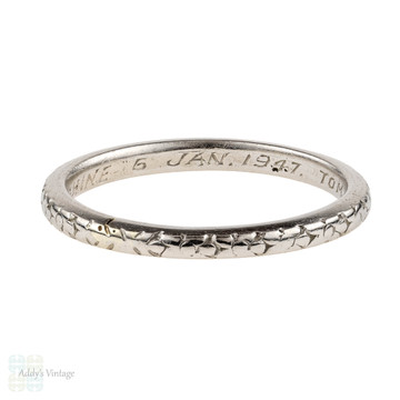1940s Engraved Platinum Wedding Ring, Orange Blossom Flower Ladies Band. Size O / 7.25