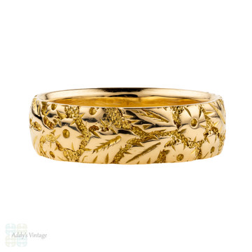 Wide Engraved 18ct Wedding Band, Antique 18k Yellow Gold Ring. Size M / 6.25.