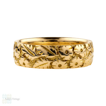 Wide Engraved 18ct Wedding Band, Antique 18k Yellow Gold Ring. Size M / 6.25.