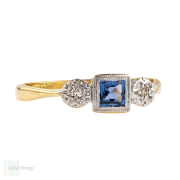 French Cut Sapphire & Diamond Three Stone Engagement Ring, 1930s 18ct Gold & Platinum.