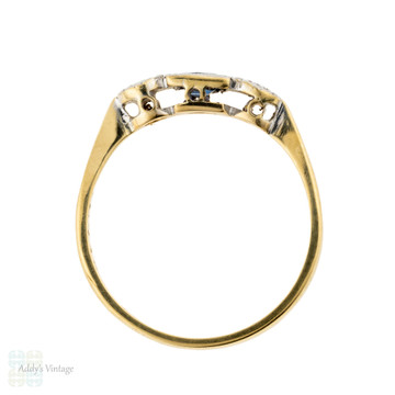 French Cut Sapphire & Diamond Three Stone Engagement Ring, 1930s 18ct Gold & Platinum.