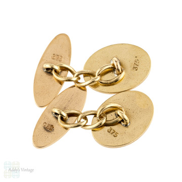 Antique Engraved 9ct Gold Front Cuff Links, Foliate Design Double Face Cufflinks, Circa 1900.