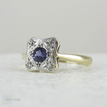 Vintage Sapphire & Diamond Engagement Ring. Blue Sapphire Set in Square Shaped Platinum Topped Yellow Gold Ring.