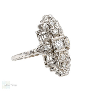 Art Deco Diamond Cocktail Ring, Platinum Navette 1930s Dress Dinner Ring.