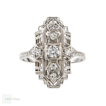 Art Deco Diamond Cocktail Ring, Platinum Navette 1930s Dress Dinner Ring.