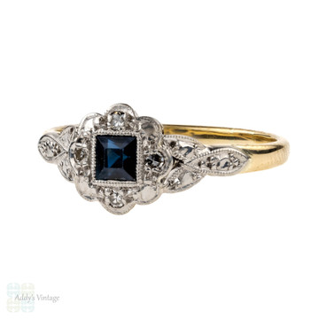 Sapphire Art Deco Engagement Ring with Diamond Halo, 18ct & Platinum.