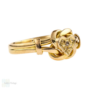 Edwardian 18ct Love Knot Ring, Heart Ring with Diamond. 18k Yellow Gold 1910s.