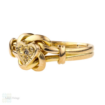 Edwardian 18ct Love Knot Ring, Heart Ring with Diamond. 18k Yellow Gold 1910s.