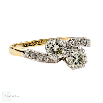Toi et Moi Diamond Engagement Ring, 18ct Gold & Platinum Stylish 1930s Bypass Design Ring, 0.53 ctw. 