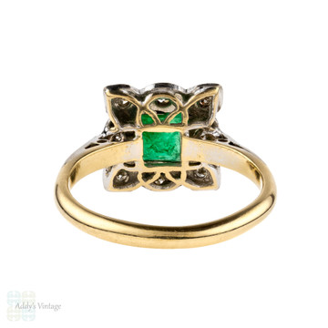 Emerald & Diamond Engagement Ring, Antique Scalloped Edge Halo. 18ct Gold & Platinum.