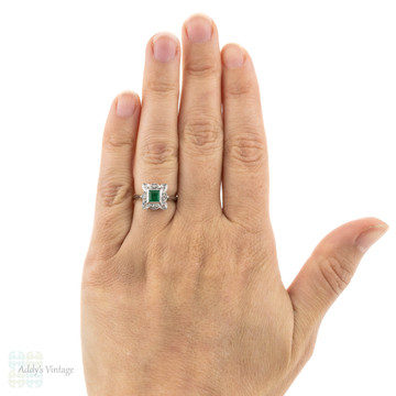 Emerald & Diamond Engagement Ring, Antique Scalloped Edge Halo. 18ct Gold & Platinum.