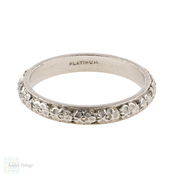 Antique Platinum Engraved Wedding Ring, Orange Blossom Flower Pattern Ladies Band. Size I / 4.5.