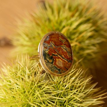 Moss Agate Ring, Victorian Conversion Vintage 9ct Yellow Gold Large Oval Ring.