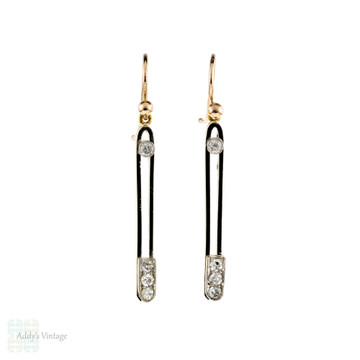 Diamond Drop Earrings, Vintage Line Dangles in 15ct Gold & Platinum. Victorian Conversion.