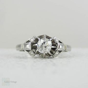 Art Deco Old Mine Cut Platinum Solitiarie Engagement Ring. Single Stone Vintage Buttercup Setting Diamond Ring.