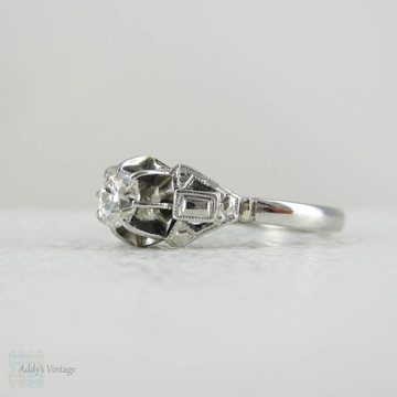 Art Deco Old Mine Cut Platinum Solitiarie Engagement Ring. Single Stone Vintage Buttercup Setting Diamond Ring.