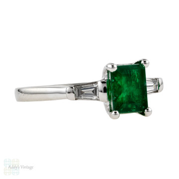 Emerald Diamond Engagement Ring, Classic Platinum Tapered Baguette Diamond Ring.