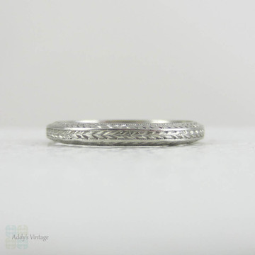 Art Deco Ornately Hand Engraved Platinum Wedding Ring. Narrow Platinum Wedding Band, Wreath Wheat Engraving on Three Sides, Dated 1930.