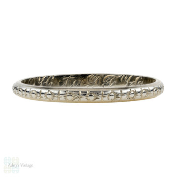1920s Engraved Wedding Band 18k White Gold, Slender Art Deco Ring. Size M / 6.25.