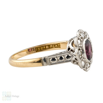 RESERVED Garnet & Diamond Halo Engagement Ring, Vintage 1940s Floral Cluster. 18ct Gold & Platinum.