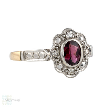 RESERVED Garnet & Diamond Halo Engagement Ring, Vintage 1940s Floral Cluster. 18ct Gold & Platinum.