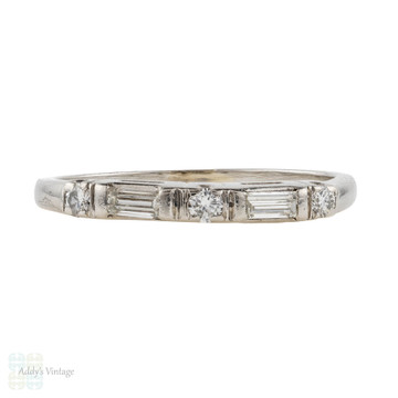 Art Deco Baguette & Round Diamond Wedding Ring, Platinum Alternating Five Stone Band.