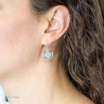 Victorian Sterling Silver Dangle Earrings, Engraved Maltesse Cross Shape Leaf Drops.