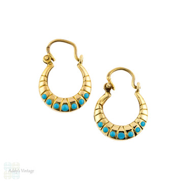 18k Reconstituted Turquoise Hoop Earrings, Vintage Creole 18ct Yellow Gold Earrings.