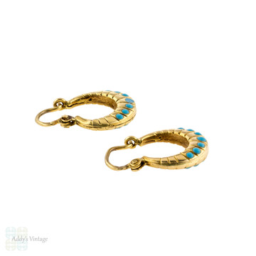 18k Reconstituted Turquoise Hoop Earrings, Vintage Creole 18ct Yellow Gold Earrings.