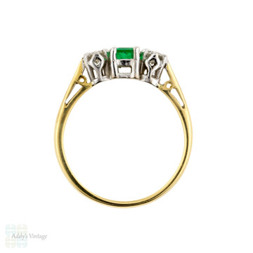 Emerald & Diamond Engagement Ring, Vintage Three Stone in 18ct 18k Yellow Gold.