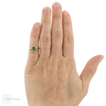 Emerald & Diamond Engagement Ring, Vintage Three Stone in 18ct 18k Yellow Gold.