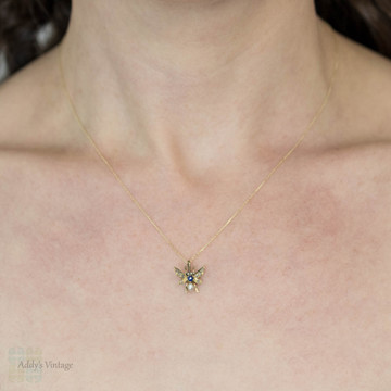 Antique Fly Pendant, 15ct 15k Rose Cut Diamond, Sapphire & Cultured Pearl Bug Necklace, 9ct Chain.