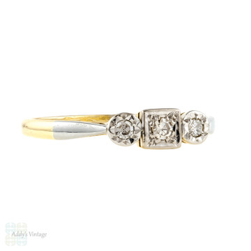 Vintage Three Stone Art Deco Diamond Engagement Ring, 18ct Yellow Gold & Platinum.